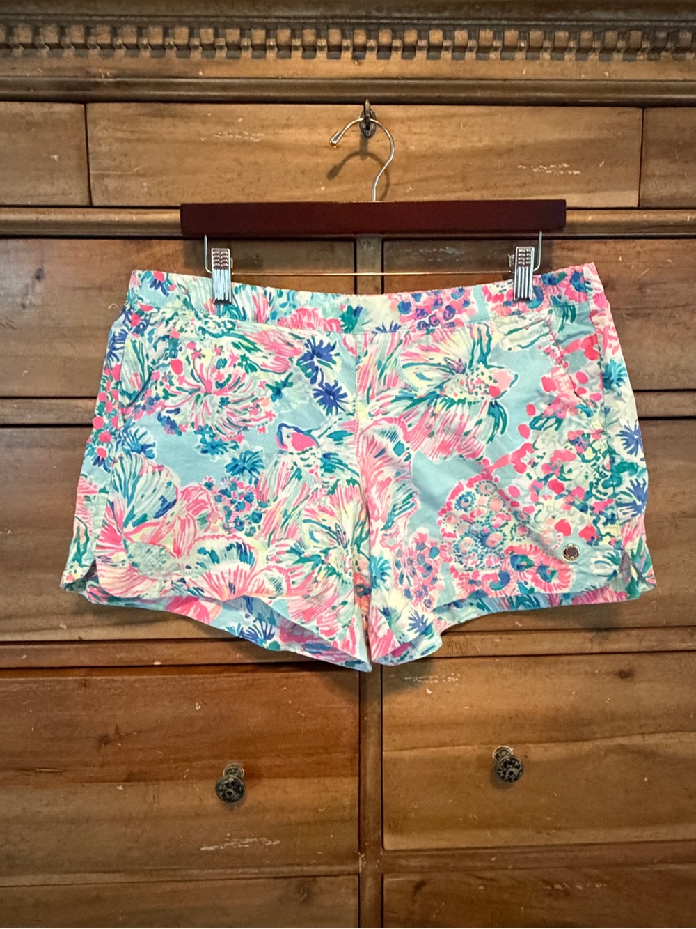 Lilly Pulitzer Aqua Floral High-Waist Shorts with Pink Accents